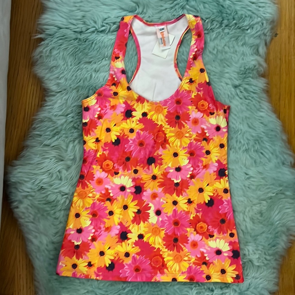J Valentine Stretch Lycra Pink Daisies Racerback Tank top S/M